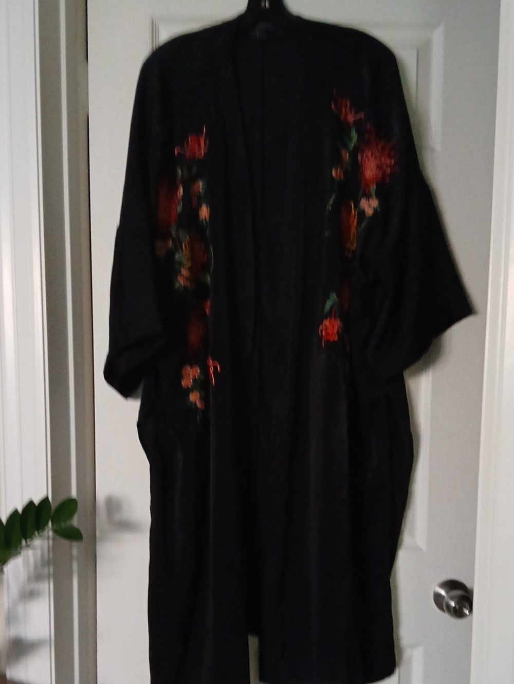 Forever 21 Black Kimono Coat with Red & Green Floral Embroidery